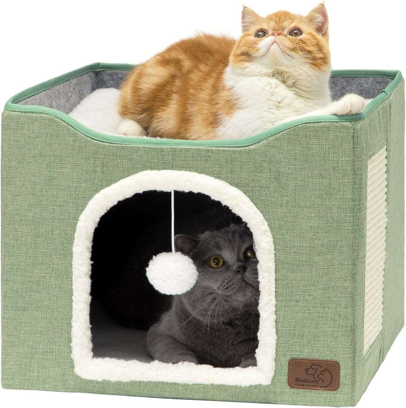 Bedsure Cat Beds for Indoor Cats - Large Cat Cave for Pet Cat House with Fluffy Ball Hanging and Scratch Pad, Foldable Cat Hideaway,16.5x16.5x13 inches, Grey - Premium cats supplies from Visit the Bedsure Store - Just $39.99! Shop now at Handbags Specialist Headquarter