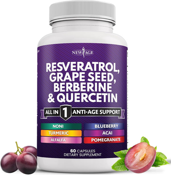 NEW AGE Resveratrol 6000mg Berberine 3000mg Grape Seed Extract 3000mg Quercetin 4000mg - Polyphenol Supplement for Women and Men with Noni Extract, N-Acetyl Cysteine, Acai Extract - 120 Capsules - Premium Health from Visit the NEW AGE Store - Just $40.99! Shop now at Handbags Specialist Headquarter