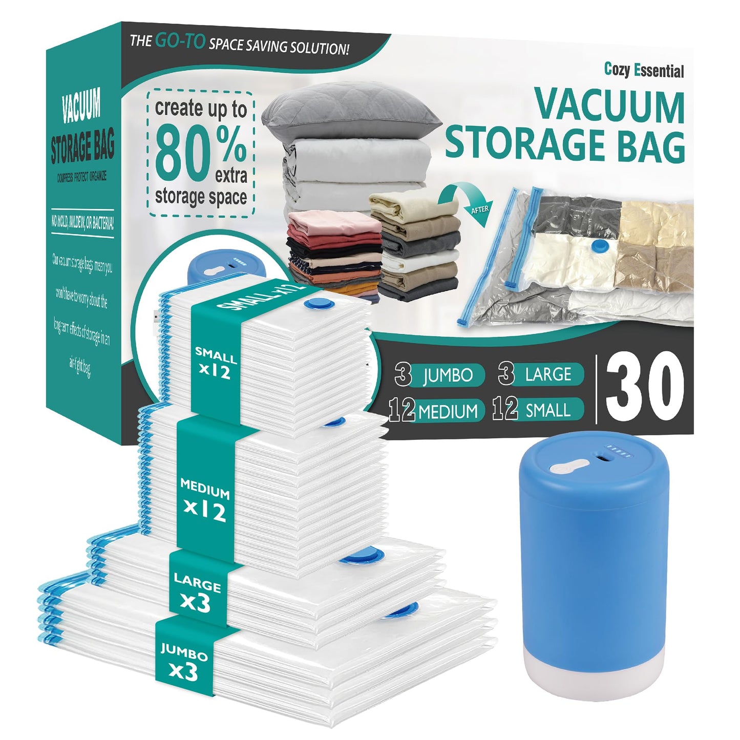 CozyVac Travel Bags with Pump - 6 Pack Space Savers