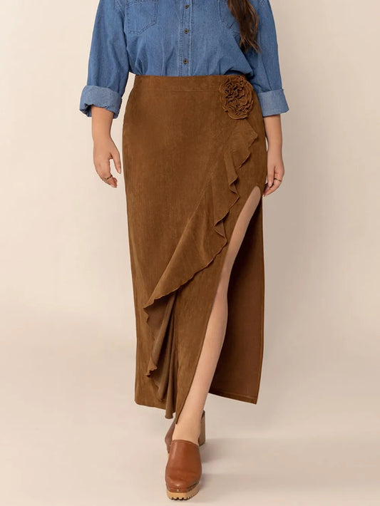 Plus Size Ruffled Slit High Rise Skirt - Premium  from Trendsi - Just $38.99! Shop now at Handbags Specialist Headquarter