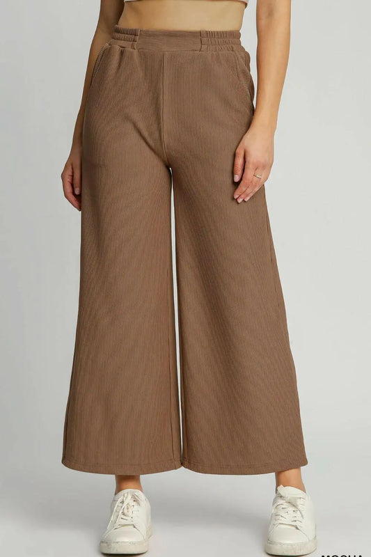 Umgee Full Size Ribbed Knit Elastic Waistband Wide Leg Pants Plus Size.