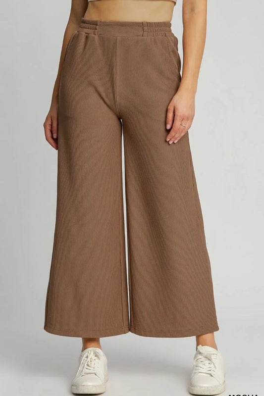 Umgee Full Size Ribbed Knit Elastic Waistband Wide Leg Pants Plus Size - Premium Dresses from Trendsi - Just $46.99! Shop now at Handbags Specialist Headquarter