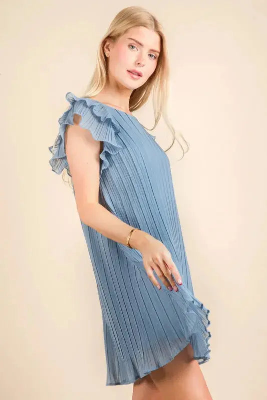 VERY J Plus Size Ruffle Sleeve Pleated Woven Mini Dress.