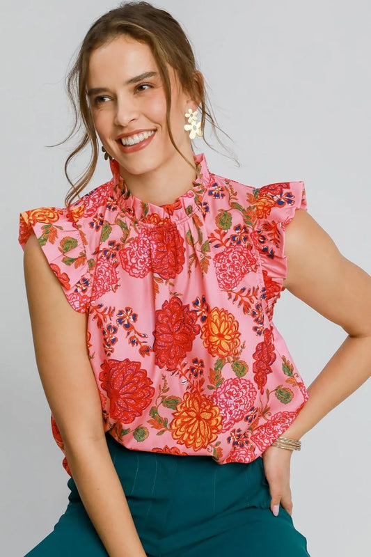 Umgee Full Size Floral Print Ruffled Cap Sleeve Blouse Plus Size - Premium Dresses from Trendsi - Just $42.99! Shop now at Handbags Specialist Headquarter