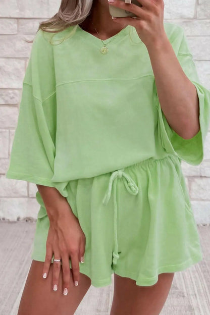 Loose V Neck Half Sleeve Tee and Drawstring Shorts Plus Size.