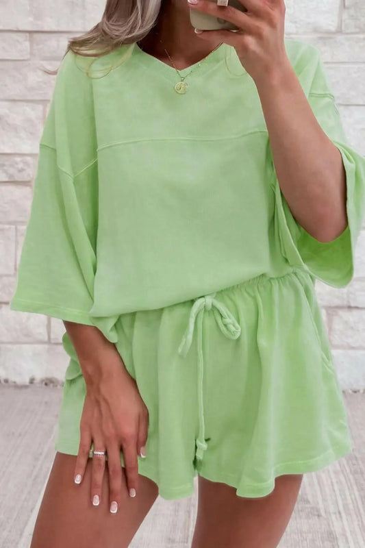 Loose V Neck Half Sleeve Tee and Drawstring Shorts Plus Size.