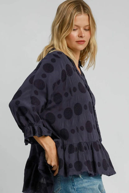 Umgee Full Size Swiss Dot Half Button Flounce Sleeve Blouse Plus Size - Premium Dresses from Trendsi - Just $53.99! Shop now at Handbags Specialist Headquarter