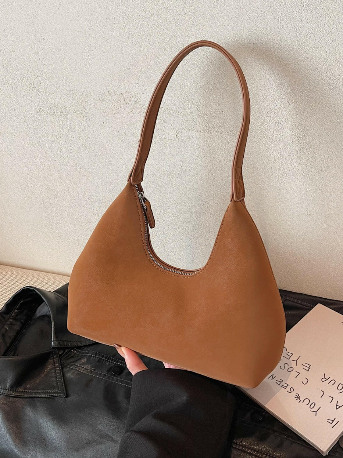 Suede Shoulder Bag with Zip.