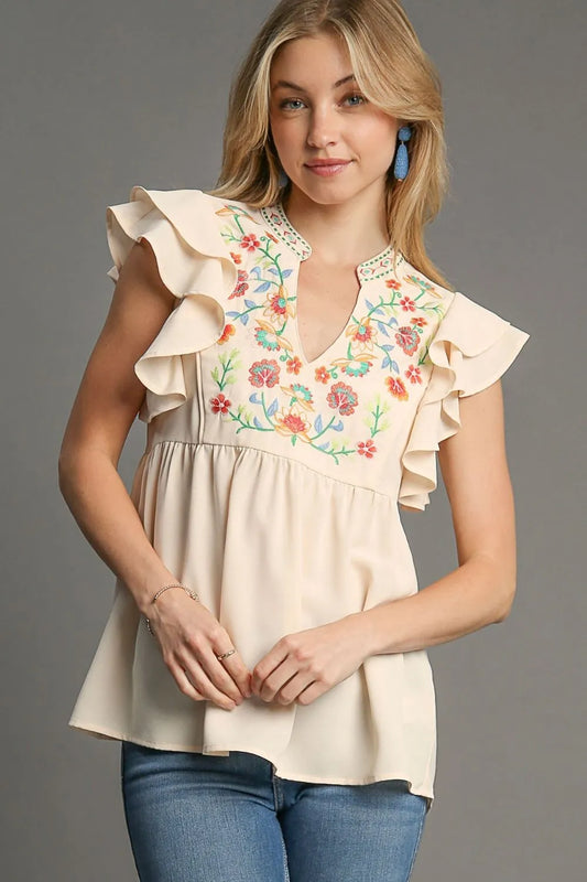 Umgee Full Size Embroidery Notched Double Ruffle Sleeve Blouse Plus Size - Premium Dresses from Trendsi - Just $51.99! Shop now at Handbags Specialist Headquarter