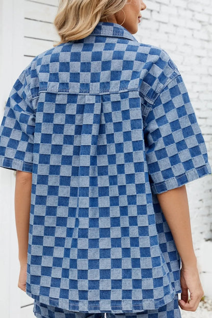 Button Down Checkered Denim Shirt - Premium Women / Jeans & Denim from Trendsi - Just $36! Shop now at Handbags Specialist Headquarter
