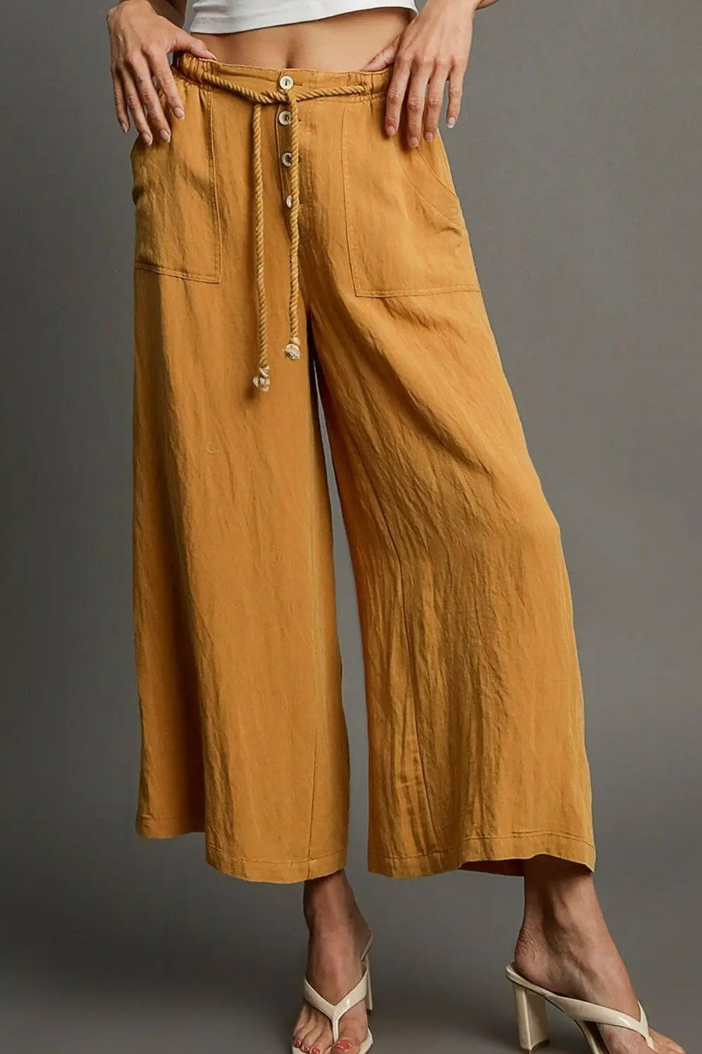 Umgee Full Size Rope Drawstring Wide Leg Pants Plus Size.