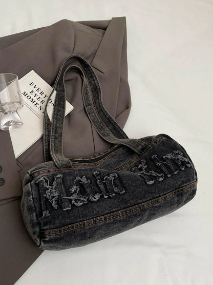 Letter Raw Edge Denim Handbag.