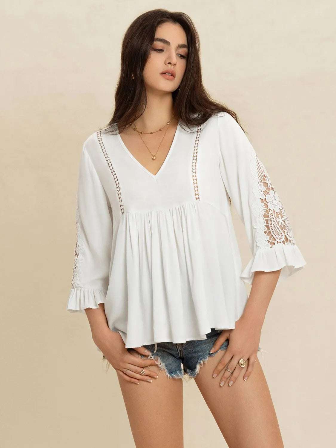 V-Neck Lace Flounce Sleeve Top - Premium Women / Tops from Trendsi - Just $33.50! Shop now at Handbags Specialist Headquarter