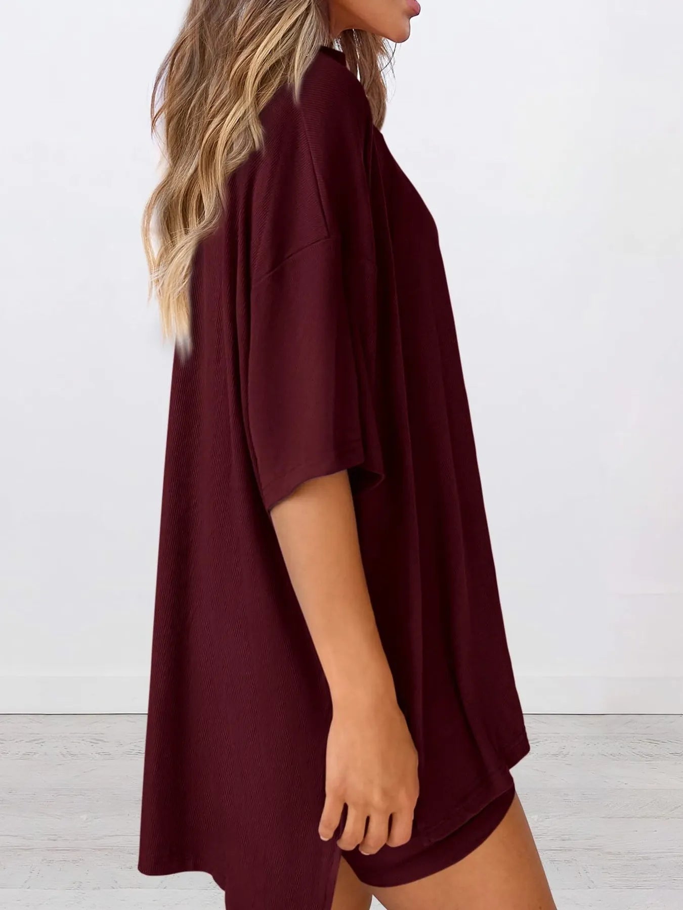 Full Size Oversized Slit Round Neck Top and Shorts Lounge Set Plus Size - Premium Sleepwear from Trendsi - Just $28.99! Shop now at Handbags Specialist Headquarter