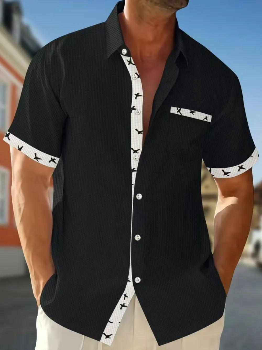 Men's Full Size Contrast Trim Waffle Knit Short Sleeve Shirt Plus Size - Premium Men's Shirts from Trendsi - Just $34.50! Shop now at Handbags Specialist Headquarter