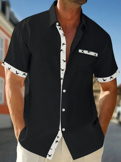 Men's Full Size Contrast Trim Waffle Knit Short Sleeve Shirt Plus Size - Premium Men's Shirts from Trendsi - Just $34.50! Shop now at Handbags Specialist Headquarter