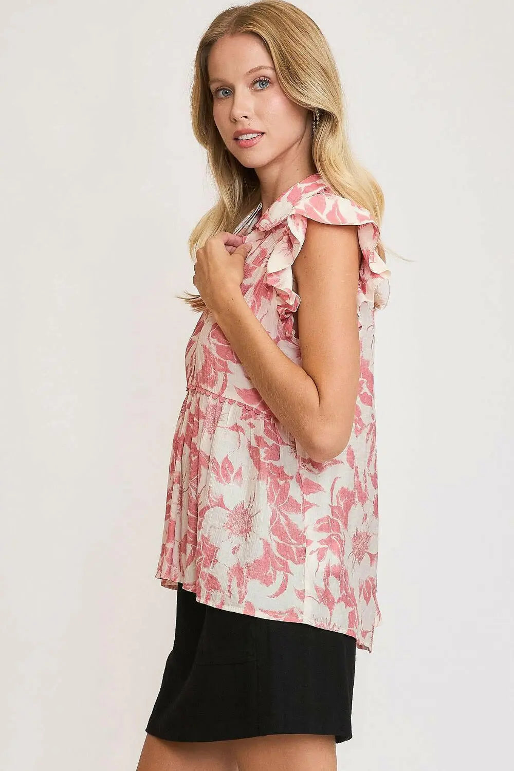 Umgee Full Size Botanical Print Babydoll Top Plus Size.