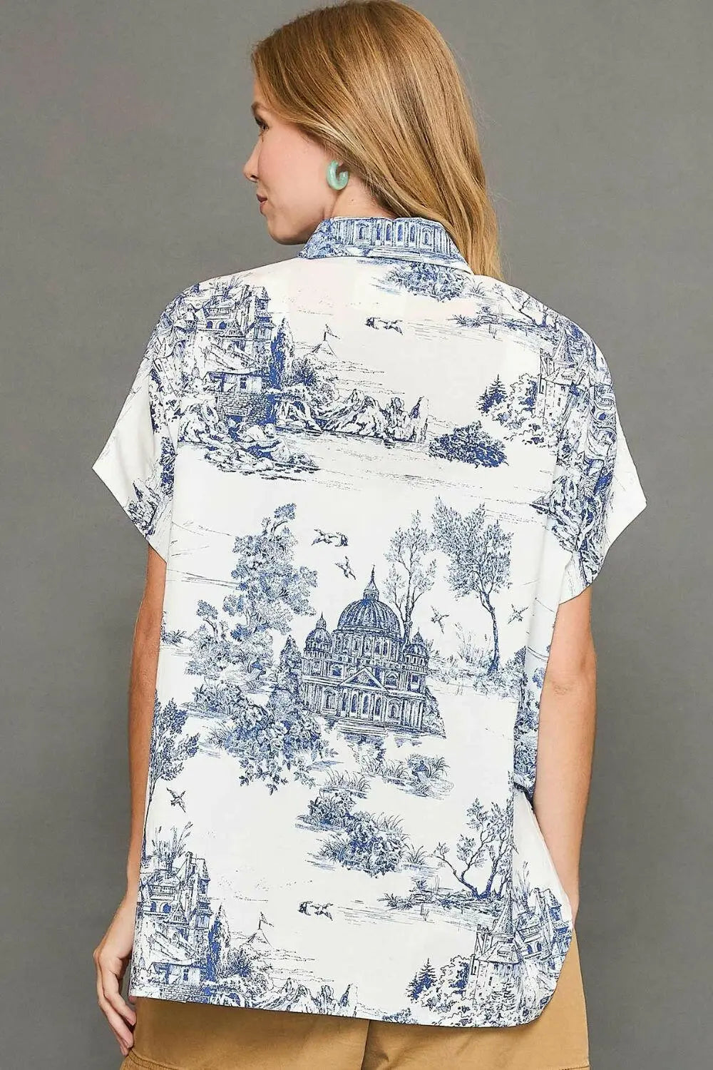 Umgee Full Size Two Tone Print Button Up Short Sleeve Shirt Plus Size.