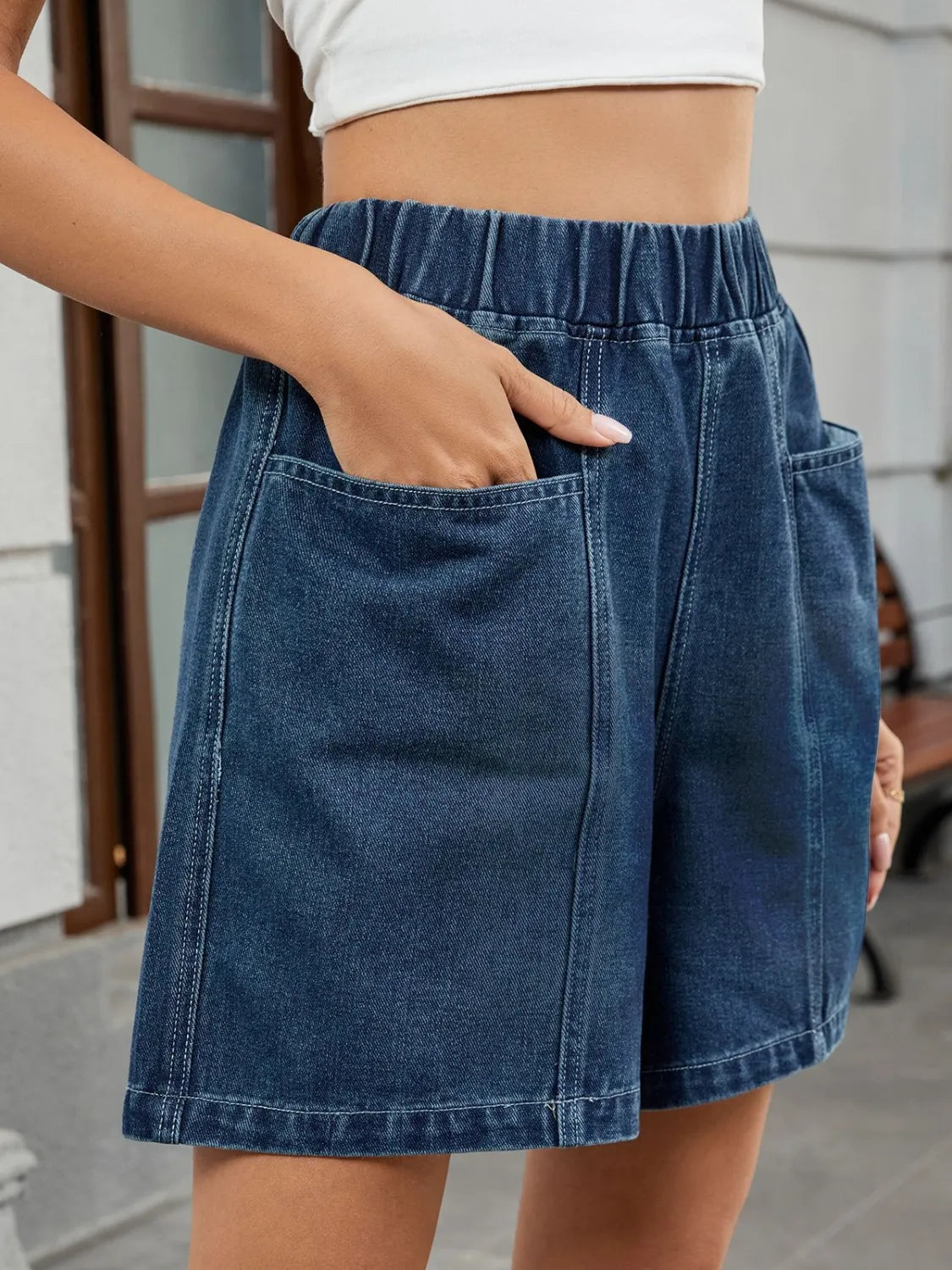 Elastic Waist Denim Shorts - Premium Women / Jeans & Denim from Trendsi - Just $20.90! Shop now at Handbags Specialist Headquarter