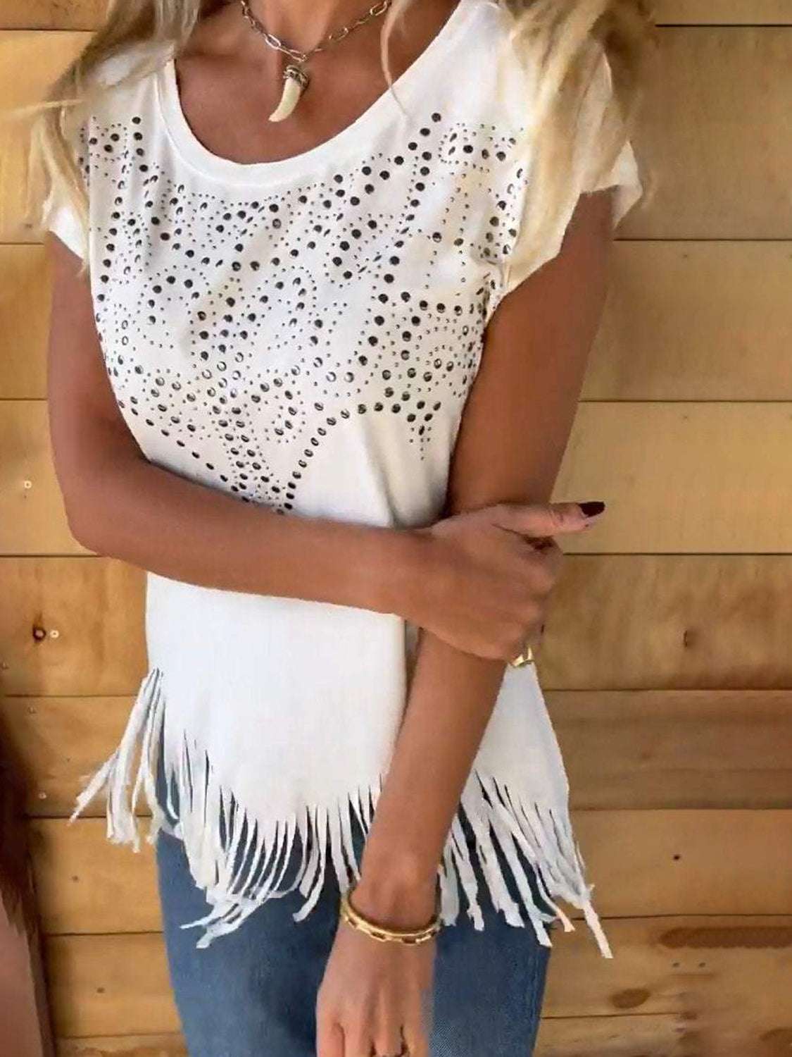 Studded Fringe Round Neck Cap Sleeve T-Shirt - Premium Women / Tops from Trendsi - Just $26.28! Shop now at Handbags Specialist Headquarter
