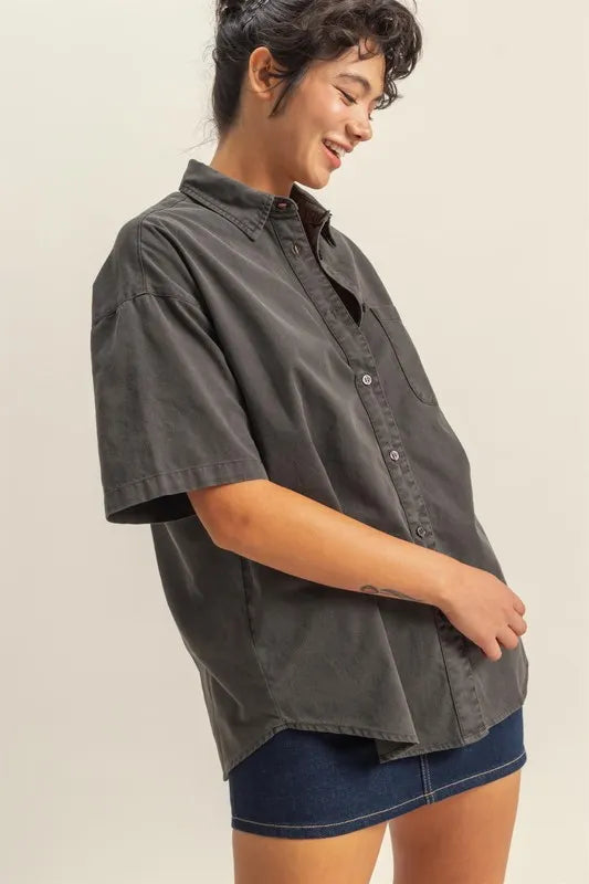HYFVE Short Sleeve Button Down Oversized Shirt - Premium Women's Down Shirt Tops from Trendsi - Just $34.34! Shop now at Handbags Specialist Headquarter