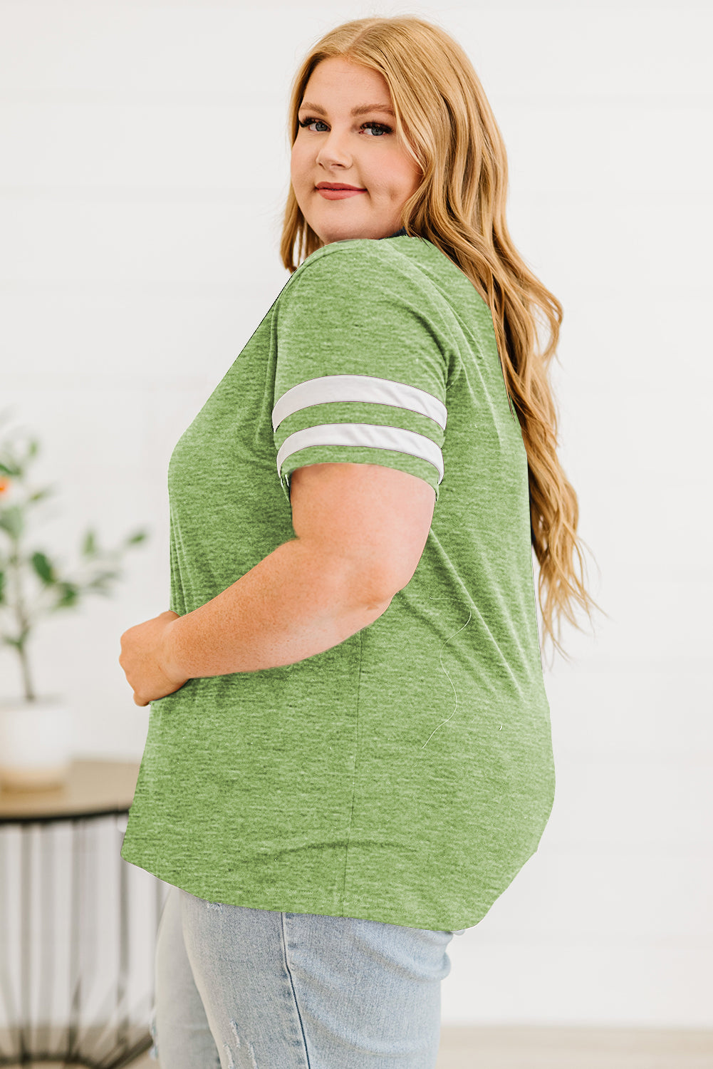 Plus Size Striped V-Neck Tee Shirt - Premium Plus Size Shirts from Trendsi - Just $26! Shop now at Handbags Specialist Headquarter
