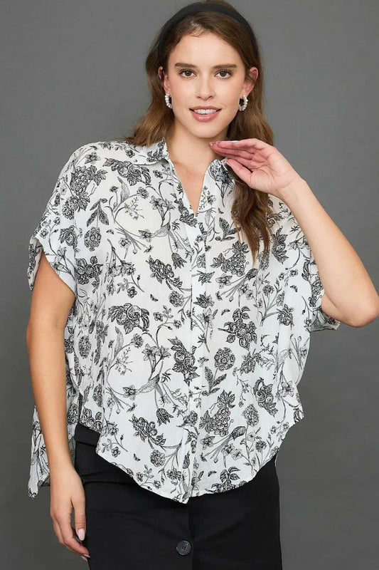 Umgee Full Size Two Tone Floral Print Top Plus Size.