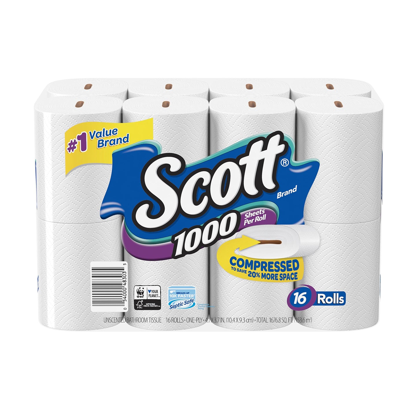 Scott 1000 Toilet Paper, 32 Rolls, Septic-Safe, 1-Ply Toilet Tissue