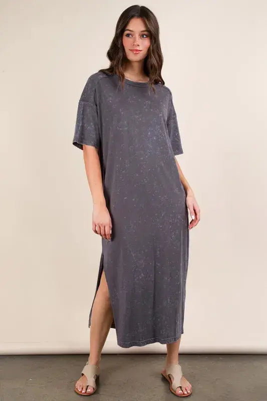 VERY J Plus Size Mineral Washed Casual Comfy Midi Dress.