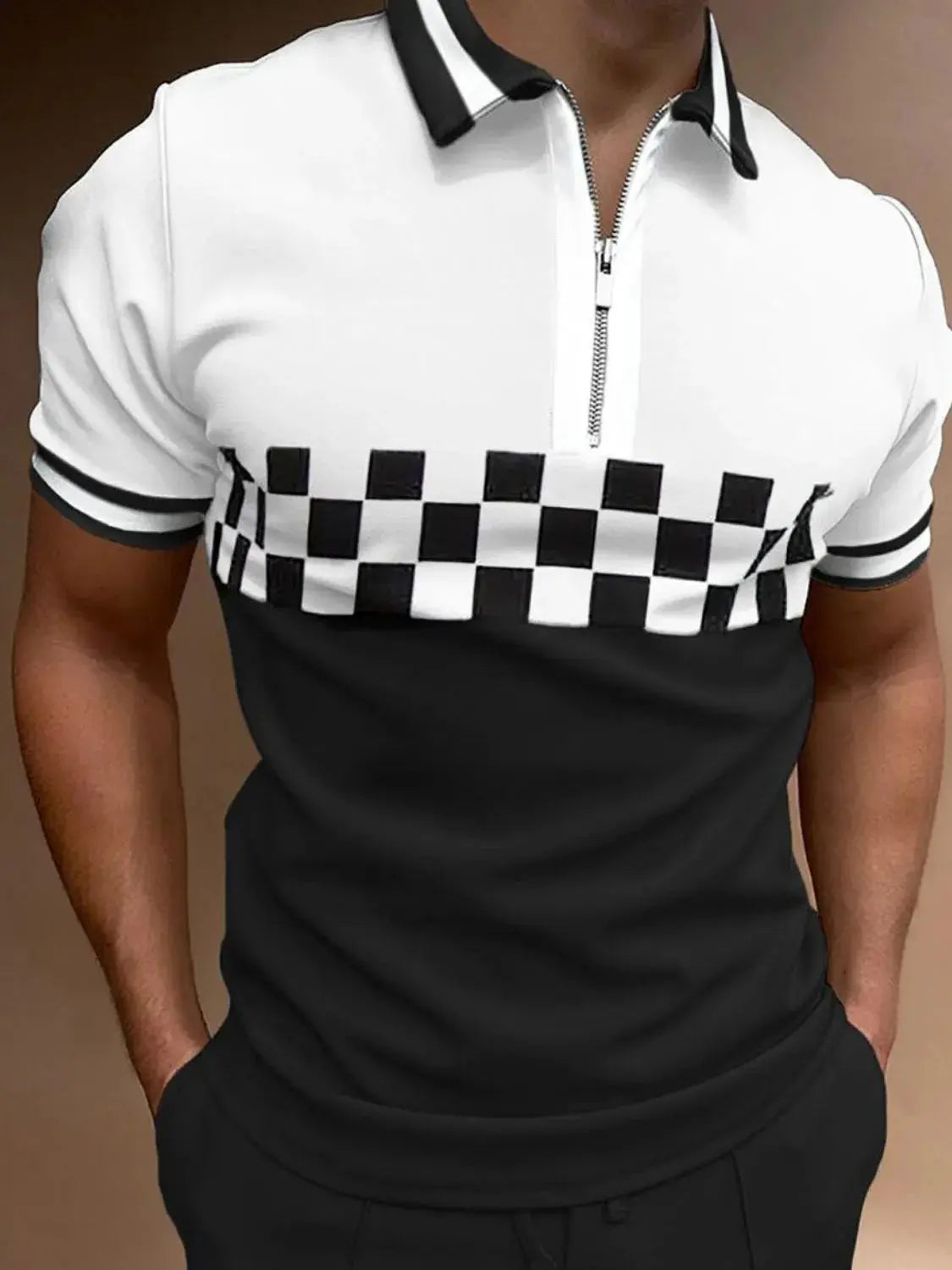Men's Full Size Checkered Collared Neck Short Sleeve Polo Plus Size.