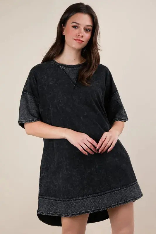 VERY J Plus Size Mineral Washed Comfy Casual Knit Mini Dress.