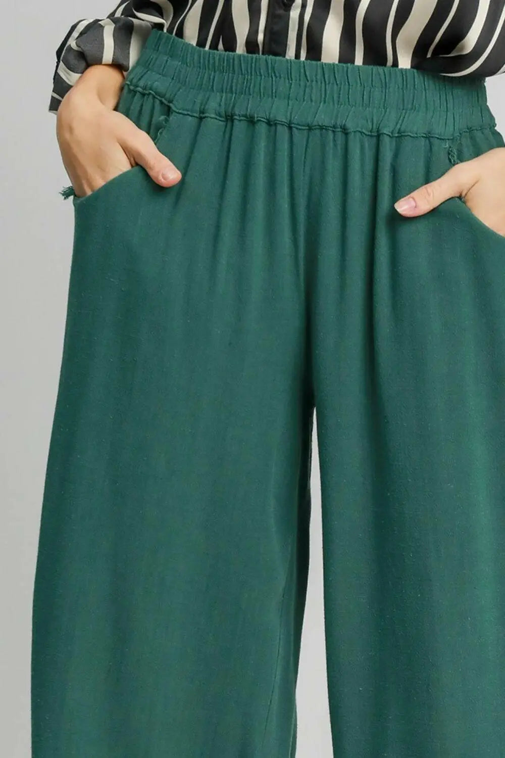 Umgee Full Size Linen Blend Elastic Waistband Wide Leg Pants Plus Size.