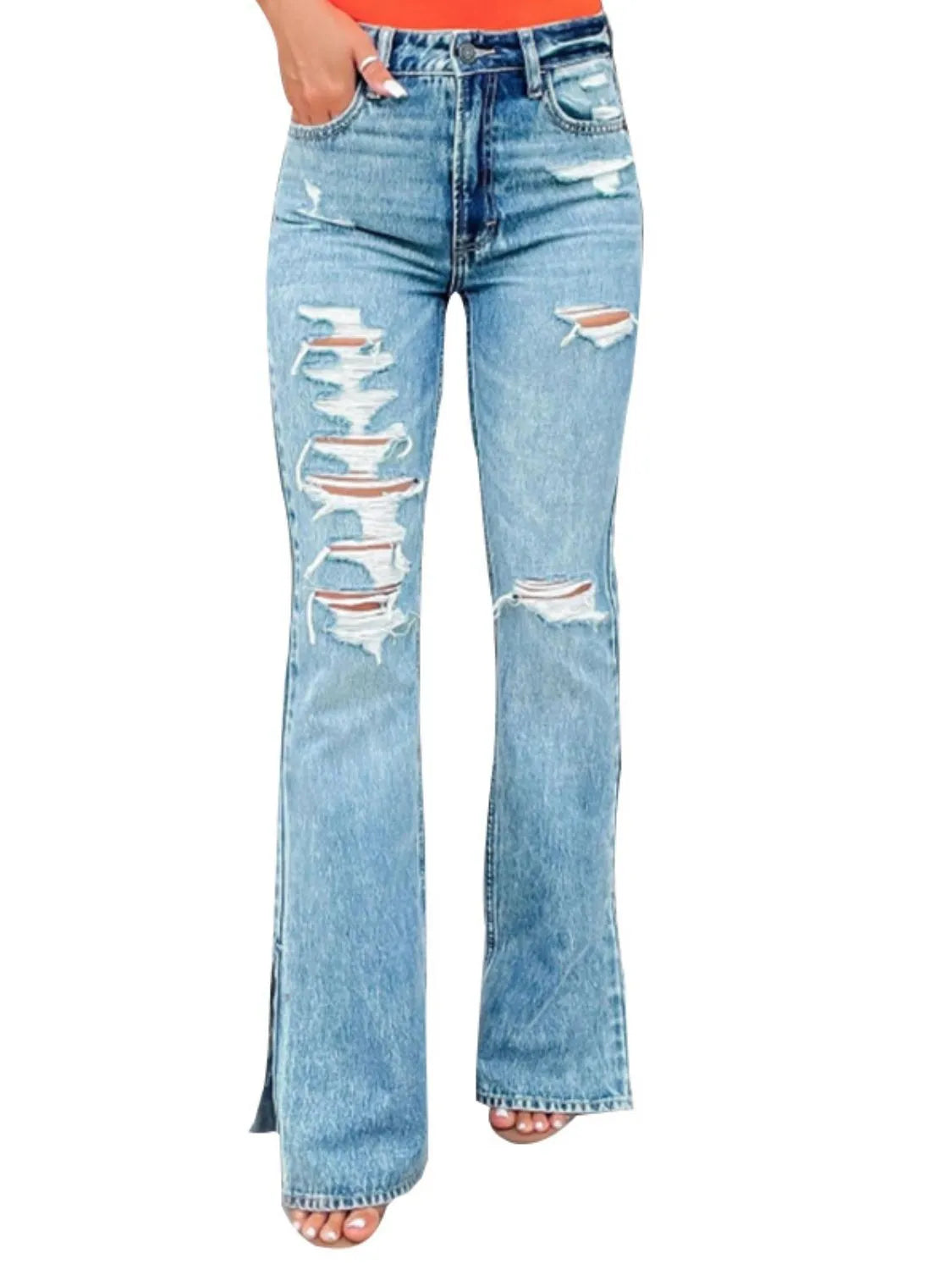 Distressed Slit Bootcut Jeans - Premium Women / Jeans & Denim from Trendsi - Just $29.88! Shop now at Handbags Specialist Headquarter