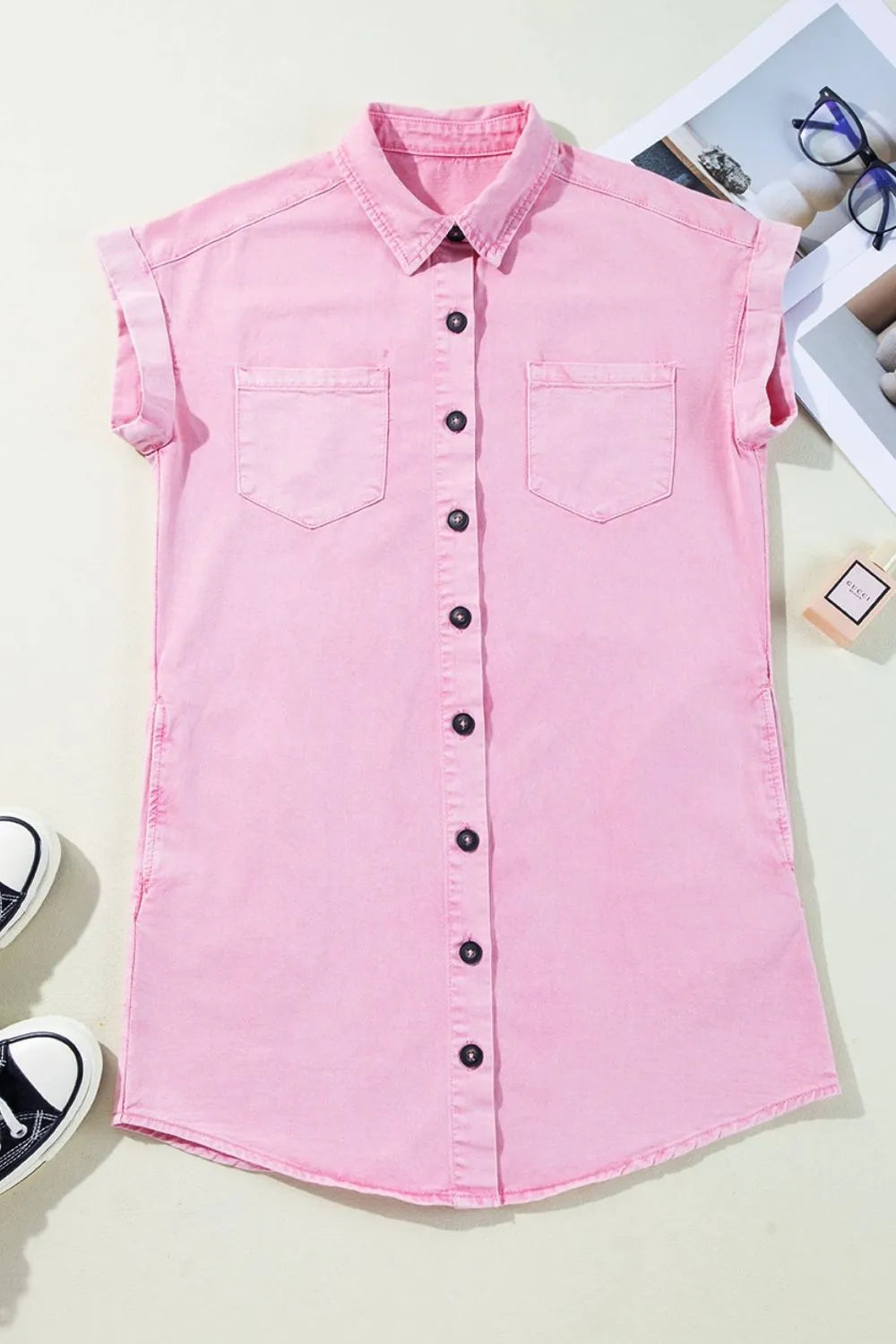 Button Down Short Sleeve Denim Dress - Premium Women / Jeans & Denim from Trendsi - Just $55.46! Shop now at Handbags Specialist Headquarter