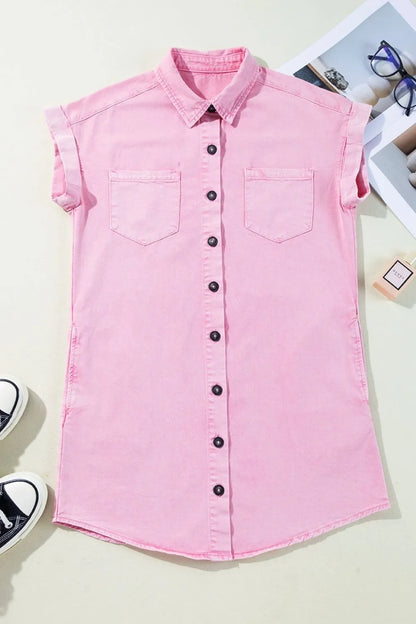 Button Down Short Sleeve Denim Dress - Premium Women / Jeans & Denim from Trendsi - Just $55.46! Shop now at Handbags Specialist Headquarter