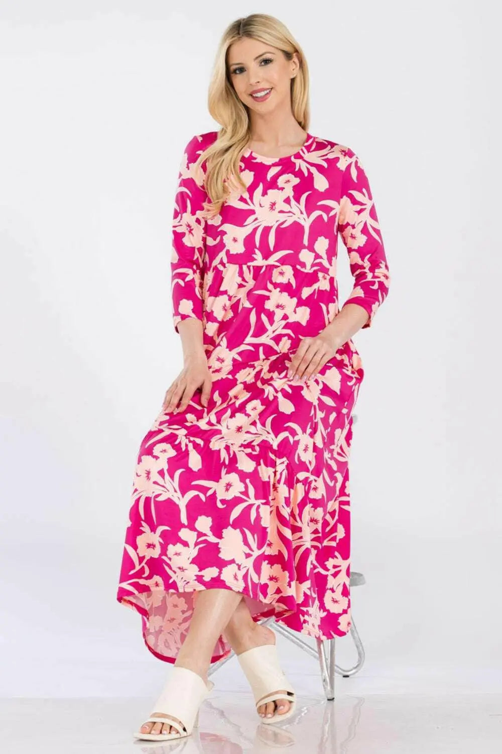 Celeste Full Size Floral Round Neck Ruffle Hem Dress.