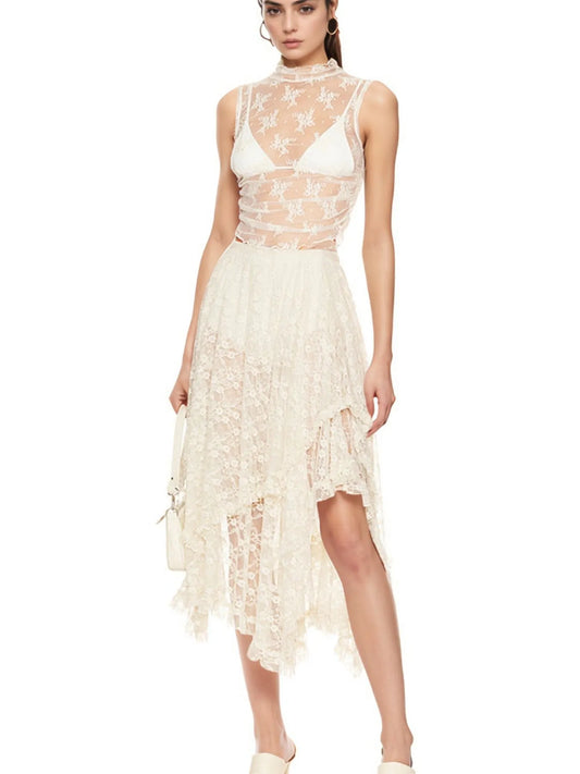 Asymmetrical Lace Midi Skirt - Premium Skirts from Trendsi - Just $41.99! Shop now at Handbags Specialist Headquarter