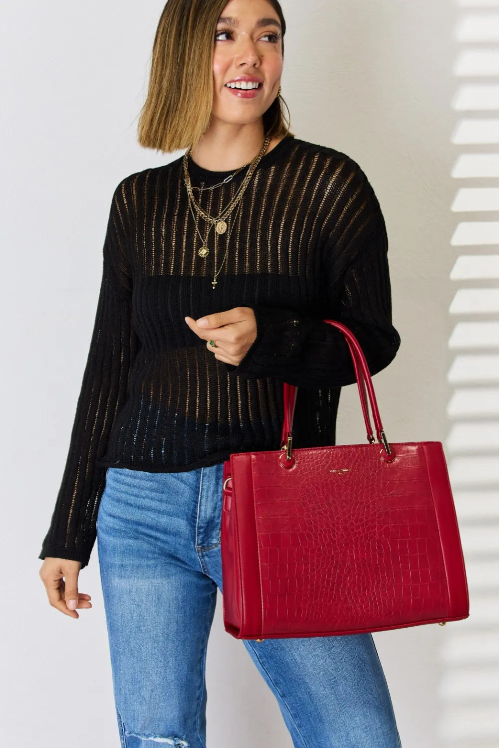 David Jones Texture PU Leather Handbag - Premium Handbags from Trendsi - Just $52.99! Shop now at Handbags Specialist Headquarter