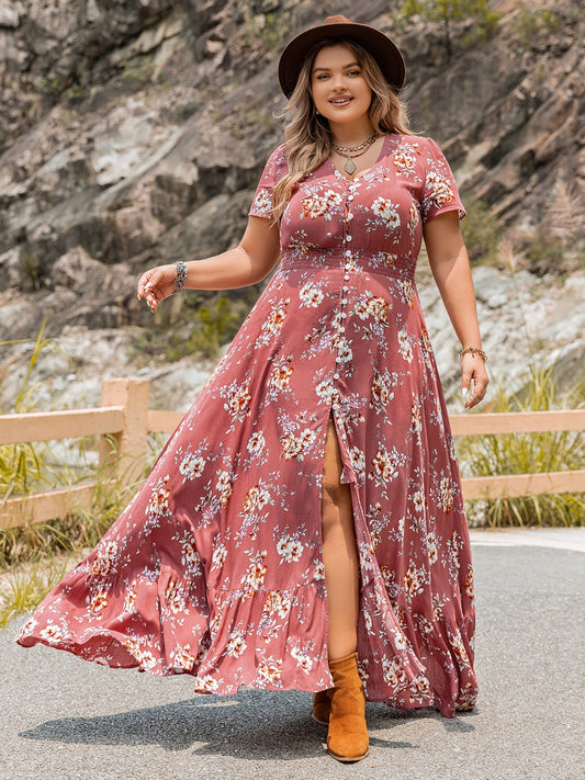 Plus Size Floral Slit Ruffle Hem Dress - Premium Dresses from Trendsi - Just $60.99! Shop now at Handbags Specialist Headquarter