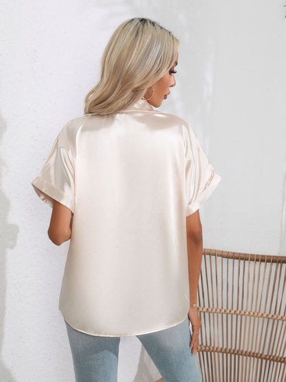 Button Down Collared Neck Short Sleeve Satin Shirt - Premium Women / Tops from Trendsi - Just $18.76! Shop now at Handbags Specialist Headquarter