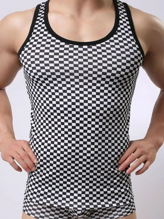 Men's Round Neck Checkered Tank.