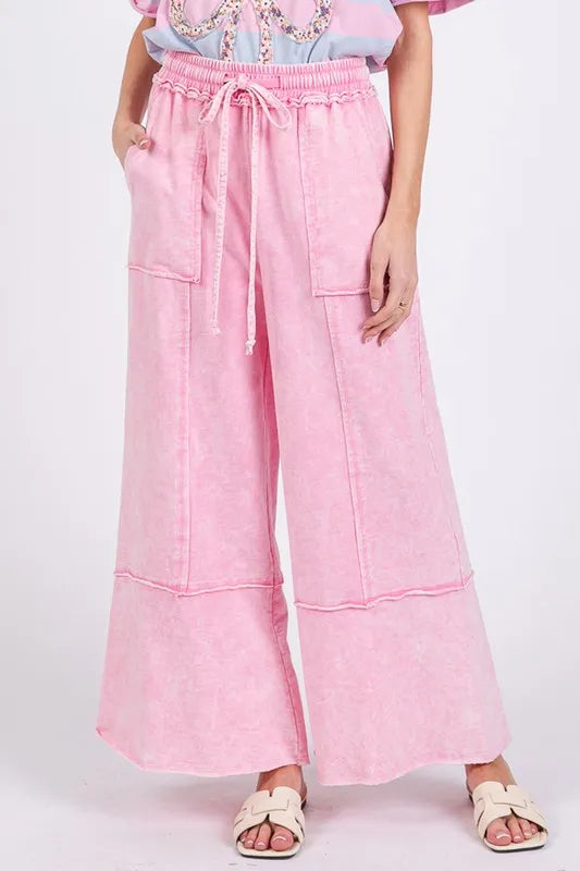 SAGE + FIG Mineral Washed Terry Wide Leg Pants - Premium Bottoms from Trendsi - Just $51.22! Shop now at Handbags Specialist Headquarter