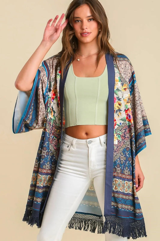 Umgee Full Size Fringe Hem Open Front Printed Kimono Sleeve Cover-Up Plus Size - Premium Dresses from Trendsi - Just $43.99! Shop now at Handbags Specialist Headquarter