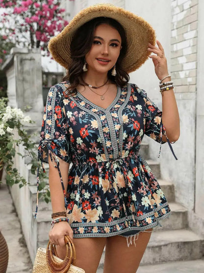 Plus Size Floral V-Neck Half Sleeve Blouse.