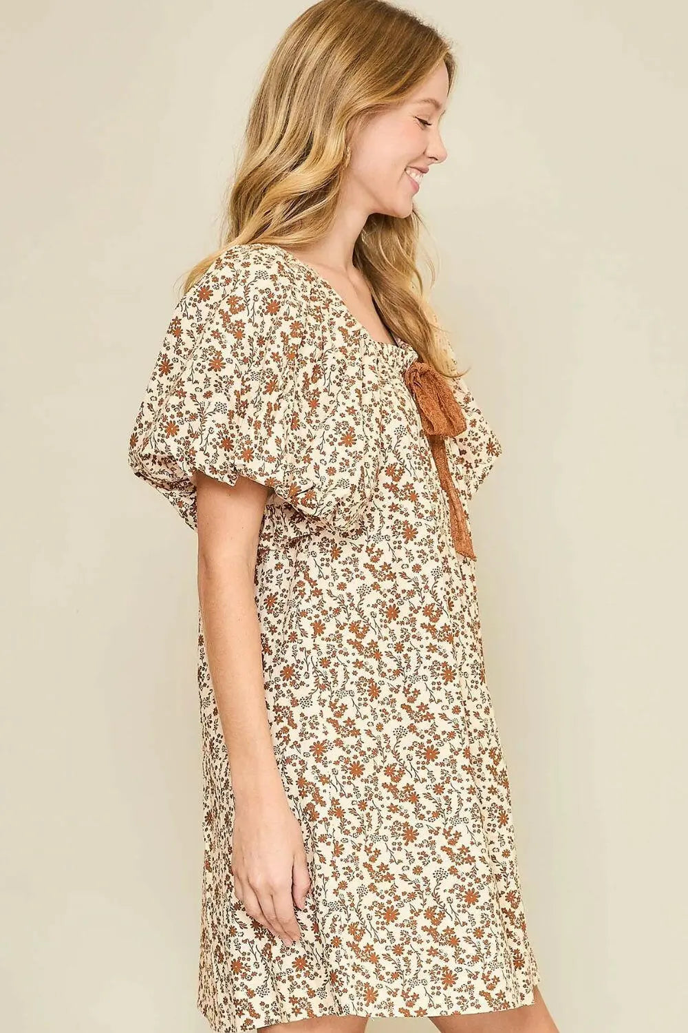 Umgee Full Size Lace Tape Drawstring Floral Puff Sleeve Mini Dress Plus Size.