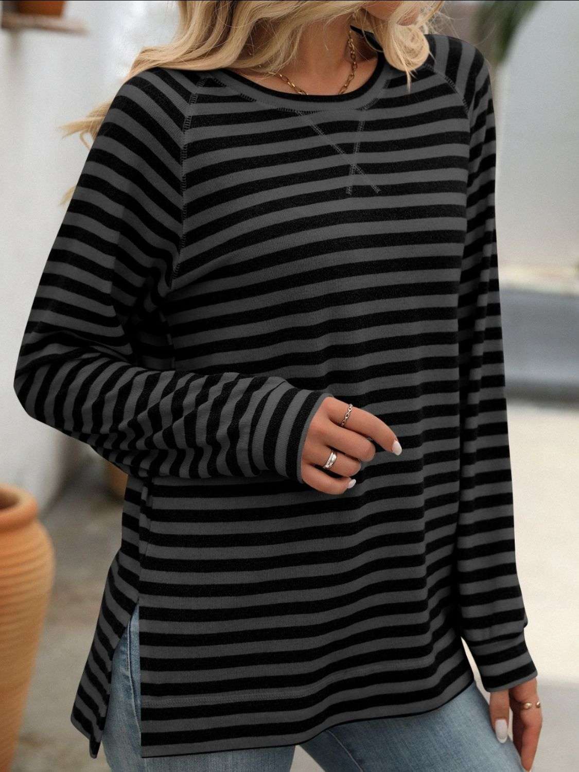 Mandy Striped Round Neck Long Sleeve T-Shirt - Premium Women / Tops from Trendsi - Just $24.72! Shop now at Handbags Specialist Headquarter