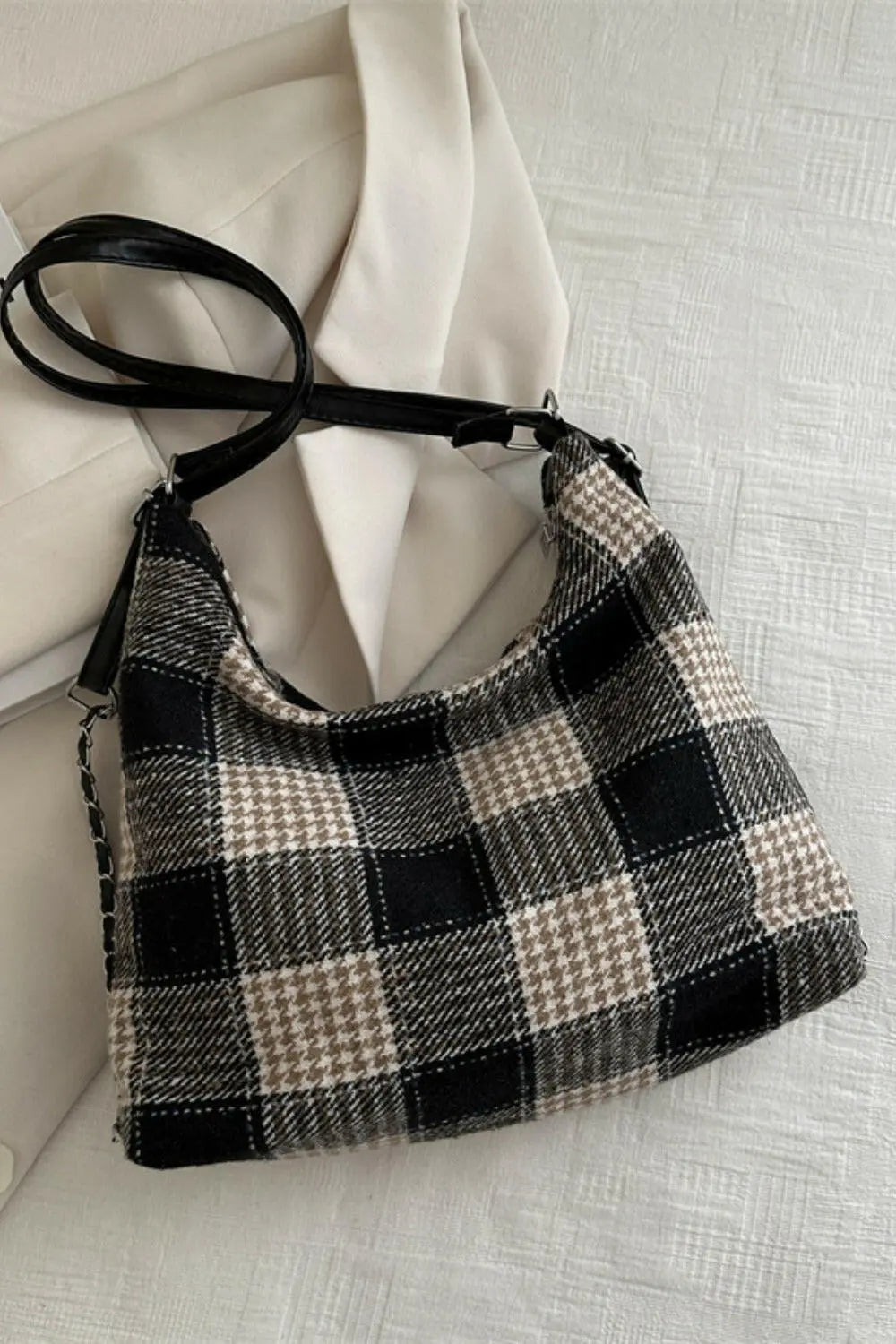 Plaid Adjustable Strap Handbag.