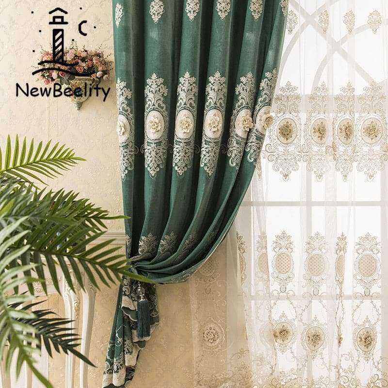 Curtains for Living Dining Room Bedroom Luxury Green Embroidery Rope Embroidery Stacking Beads Embossed Flower - Premium DECOR from eprolo - Just $9.69! Shop now at Handbags Specialist Headquarter