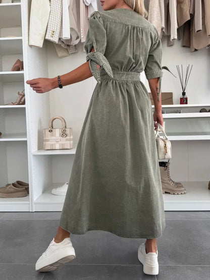 Button Front V-Neck Half Sleeve Denim Dress - Premium Women / Jeans & Denim from Trendsi - Just $53.68! Shop now at Handbags Specialist Headquarter