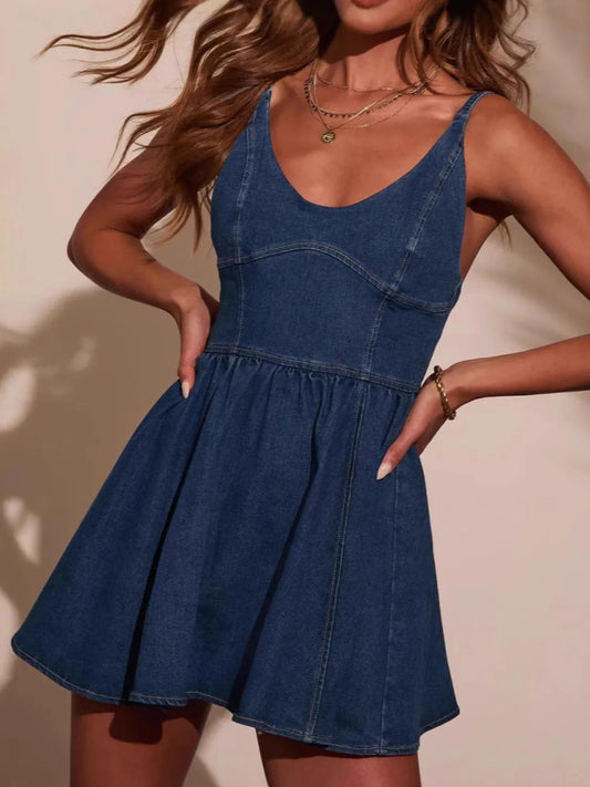 Smocked Back Adjustable Strap Denim Mini Dress - Premium Women / Jeans & Denim from Trendsi - Just $44.74! Shop now at Handbags Specialist Headquarter